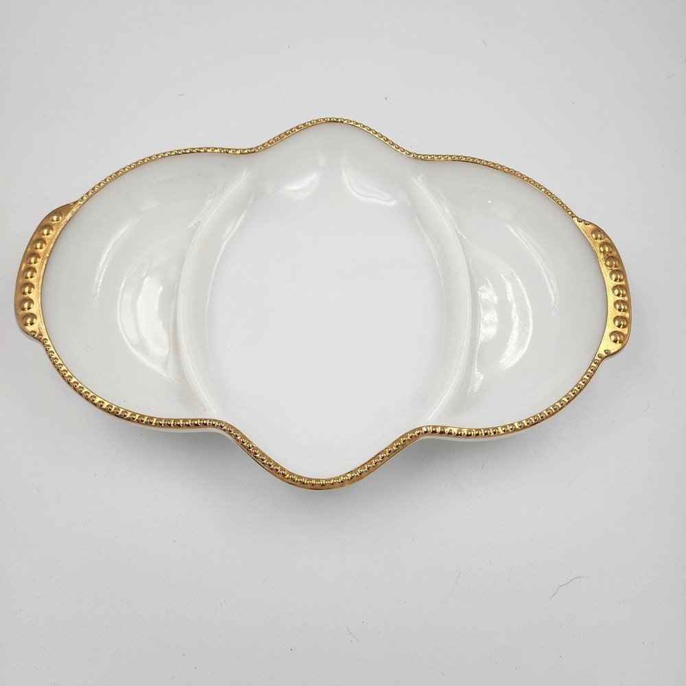 Vintage Fire King Oven Ware 3 Section Serving Dish White‎ Gold Trim